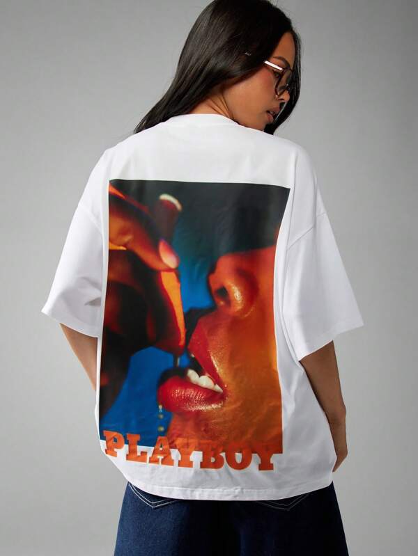 missguided Missguided x Playboy Oversized White T-Shirt With Artistic Photography Print