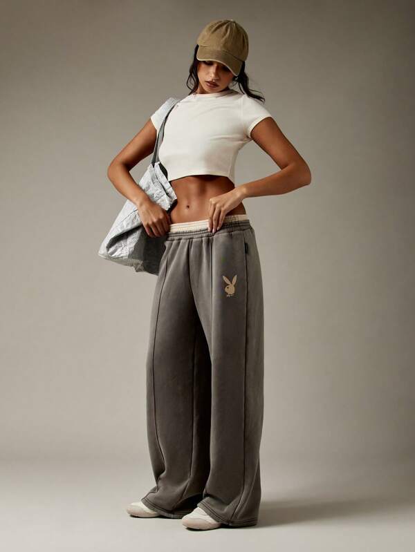 missguided Missguided x Playboy Oversized Wide Leg High Waisted Loungewear Street Style Sweatpants