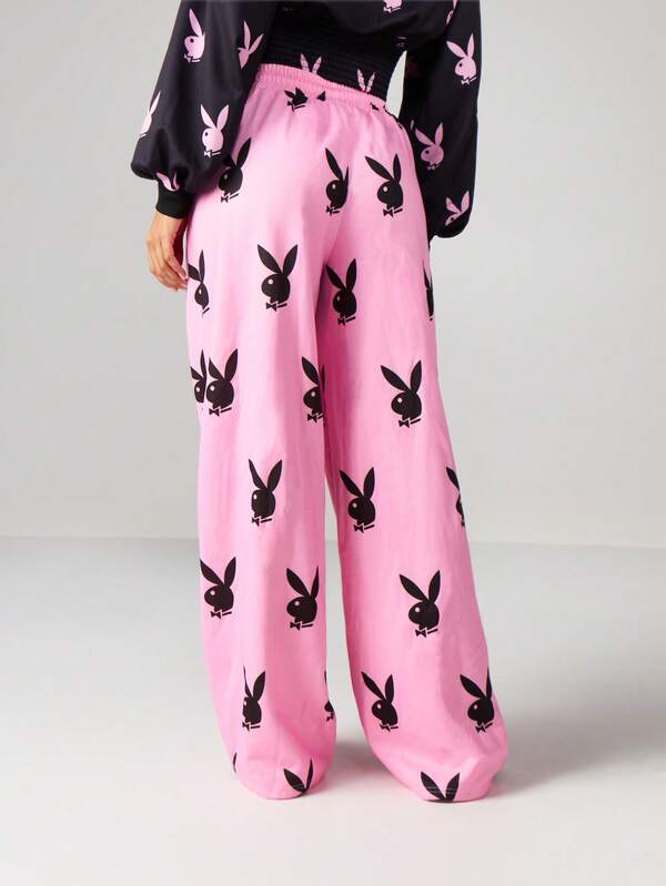 Missguided Missguided X Playboy Oversized Wide Leg Joggers With Bunny Print