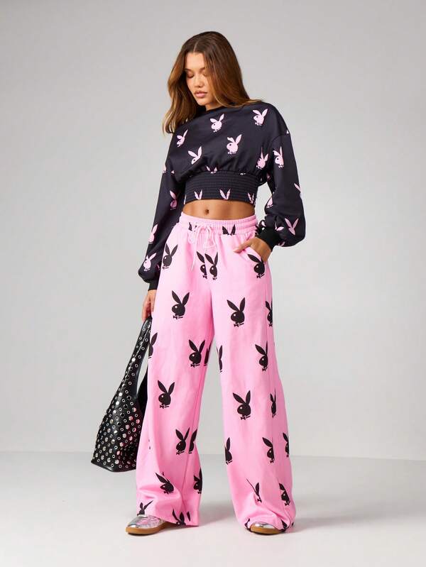 Missguided Missguided X Playboy Oversized Wide Leg Joggers With Bunny Print