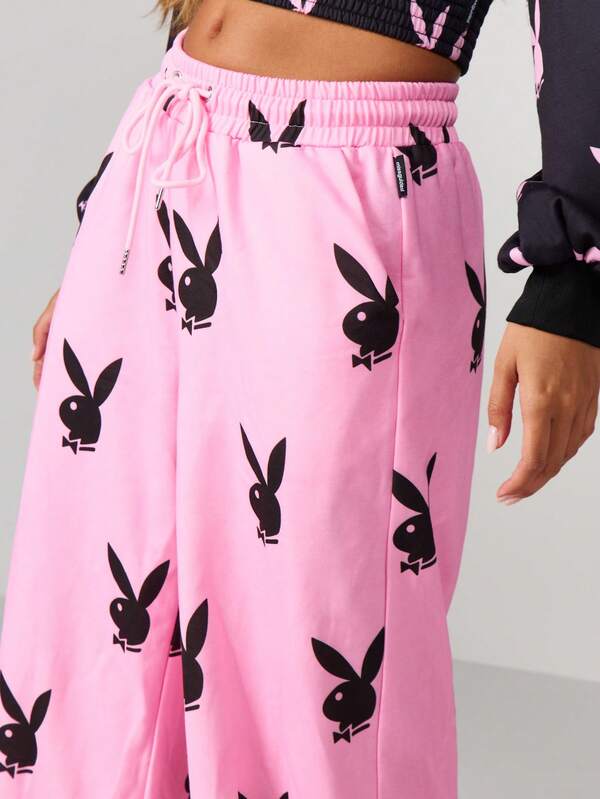 Missguided Missguided X Playboy Oversized Wide Leg Joggers With Bunny Print