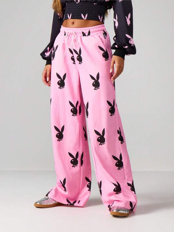 missguided Missguided x Playboy Oversized Wide Leg Joggers With Bunny Print