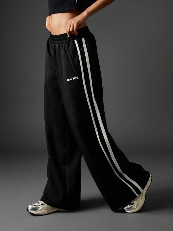 missguided Missguided x Playboy Oversized Wide Leg Joggers With Side Stripes