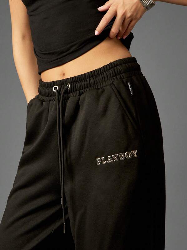 Missguided Missguided X Playboy Oversized Wide Leg Joggers With Metallic Print