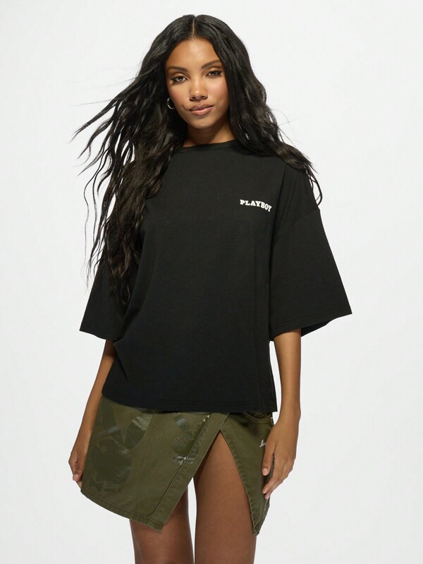 Missguided Missguided X Playboy Oversized Women T-Shirt With Rhinestone Bunny Logo