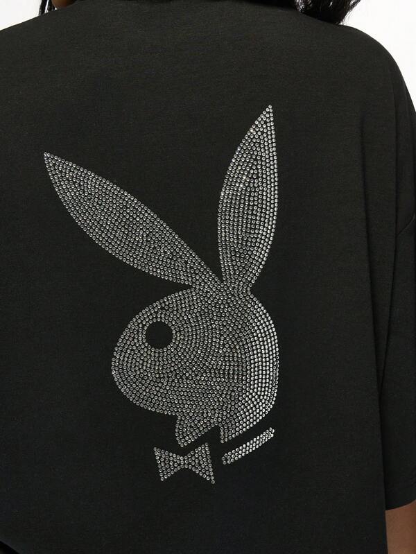 Missguided Missguided X Playboy Oversized Women T-Shirt With Rhinestone Bunny Logo
