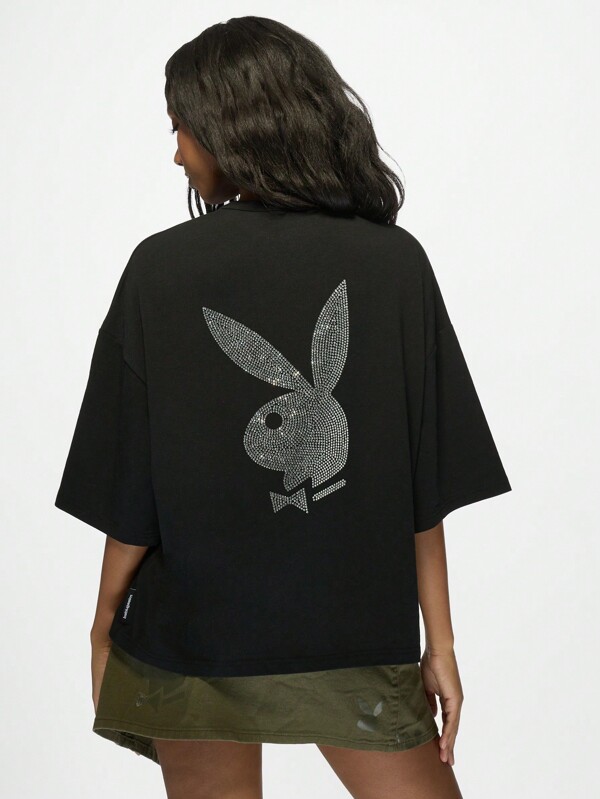 missguided Missguided x Playboy Oversized Women T-Shirt With Rhinestone Bunny Logo