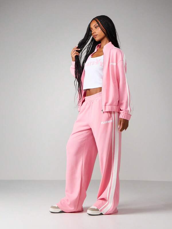 Missguided Missguided X Playboy Oversized Zip Up Sweatshirt With Stripe Detail