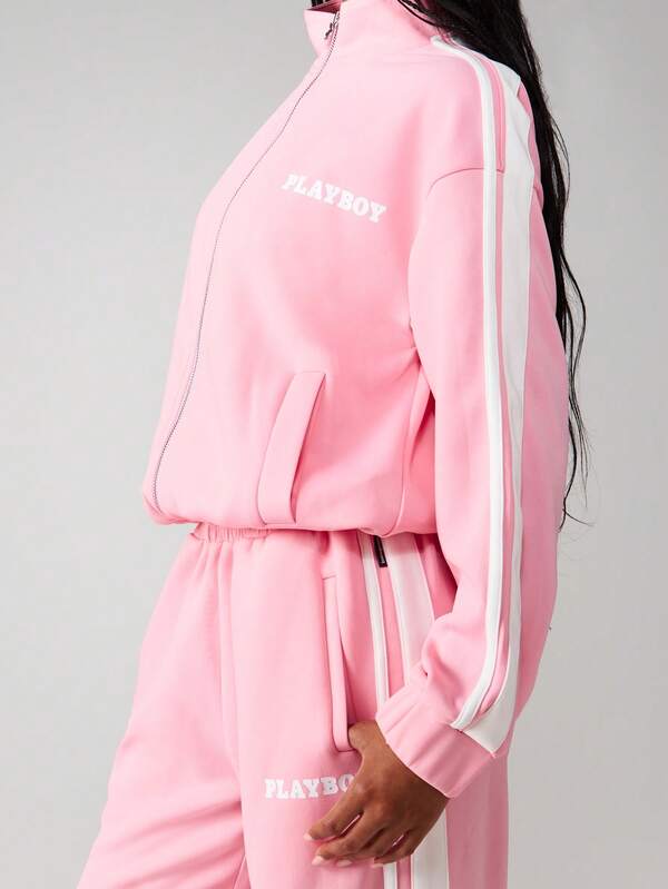 Missguided Missguided X Playboy Oversized Zip Up Sweatshirt With Stripe Detail