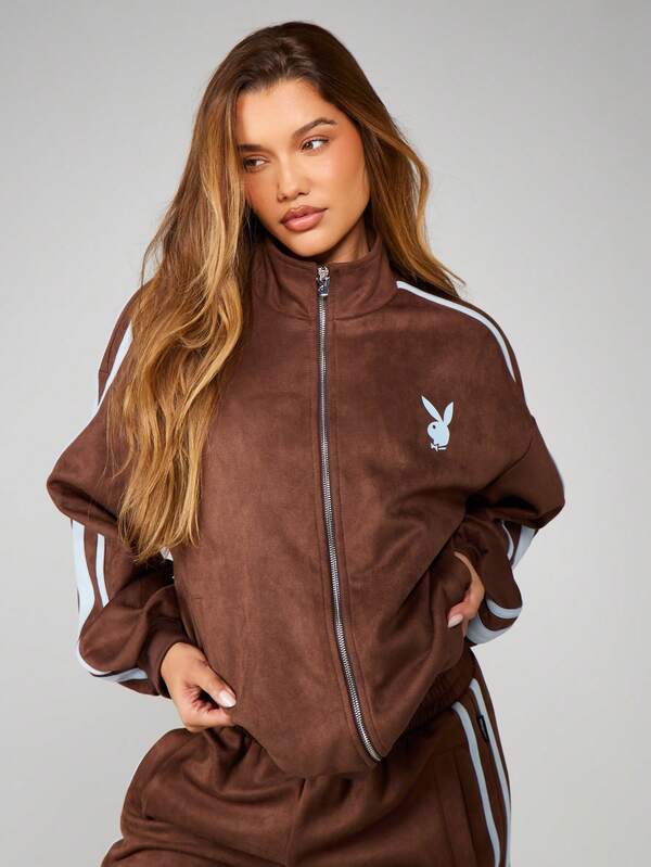 Missguided Missguided X Playboy Oversized Zip Up Sweatshirt With Side Stripes