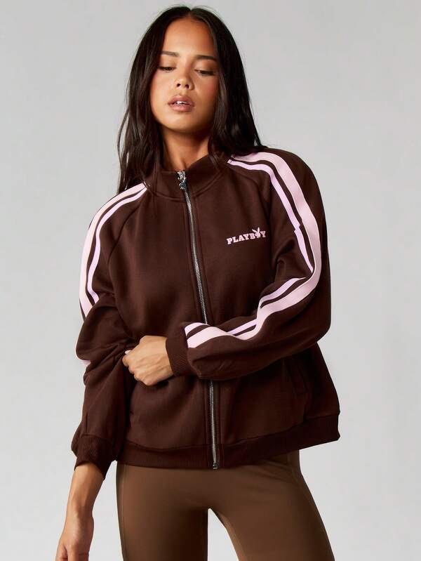 Missguided Missguided X Playboy Oversized Zip Up Sweatshirt With Stripe Detail