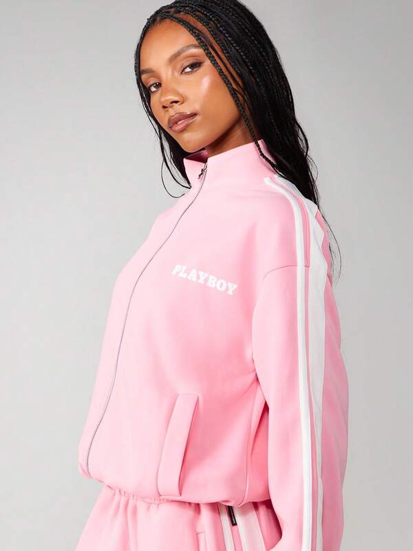missguided Missguided x Playboy Oversized Zip Up Sweatshirt With Stripe Detail