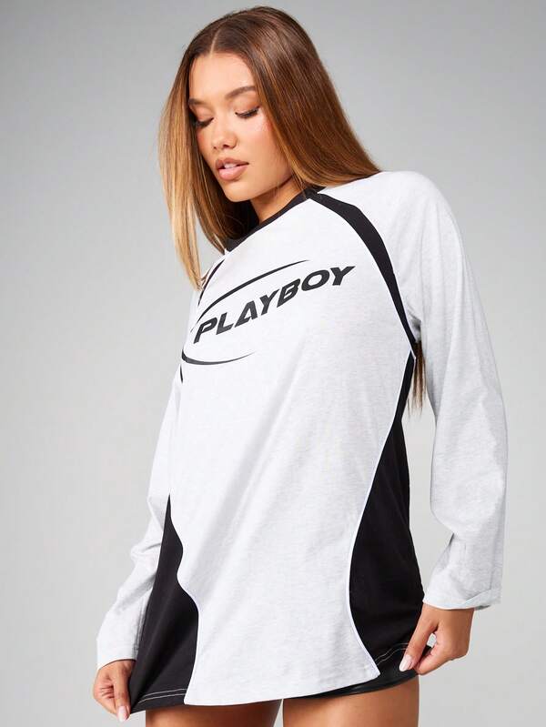 Missguided Missguided X Playboy Panelled Long Sleeve T-Shirt Mini Dress With Graphic Print