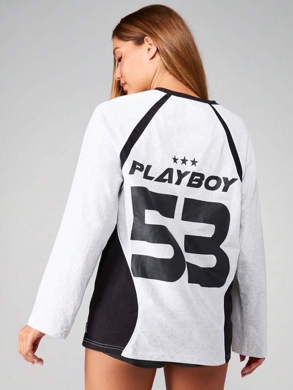 missguided Missguided x Playboy Panelled Long Sleeve T-Shirt Mini Dress With Graphic Print