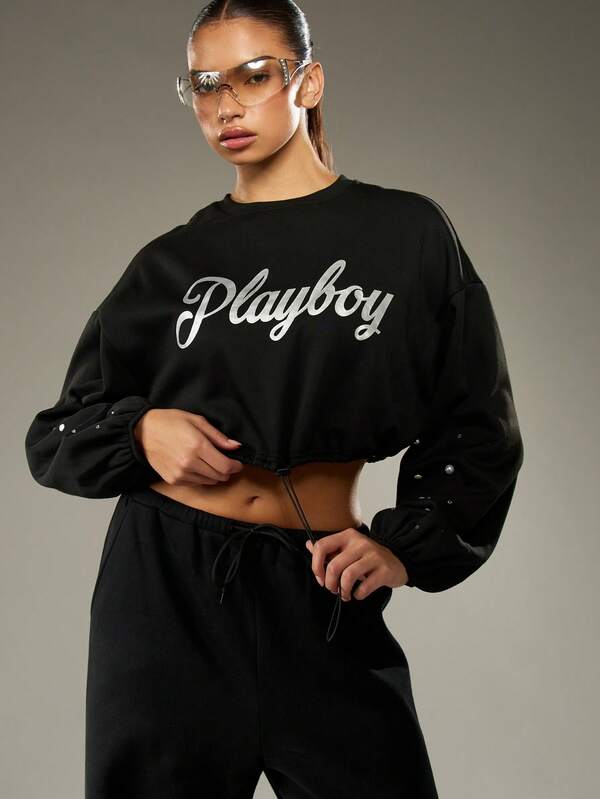 Missguided Missguided X Playboy Pearl Studded Balloon Sleeve Crop Sweatshirt With Drawstring