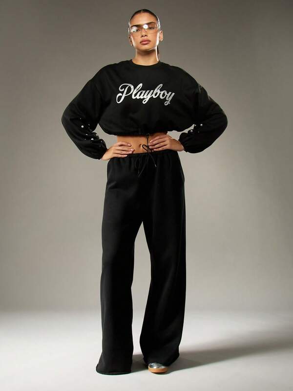 Missguided Missguided X Playboy Pearl Studded Balloon Sleeve Crop Sweatshirt With Drawstring