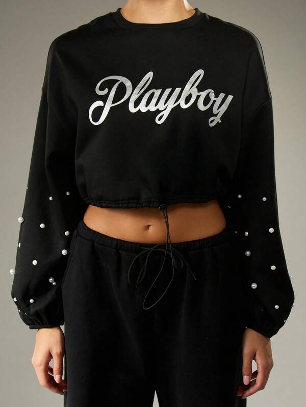 missguided Missguided x Playboy Pearl Studded Balloon Sleeve Crop Sweatshirt With Drawstring