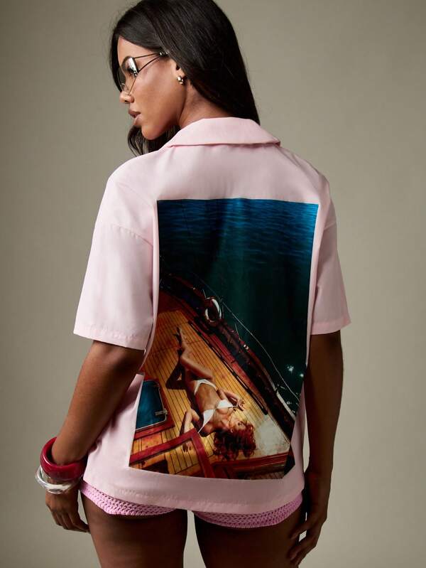 missguided Missguided x Playboy Pink Button Down Shirt With Back Photo Print