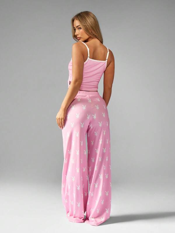 Missguided Missguided X Playboy Pink Cami Top And Wide Leg Pants With Bunny Print