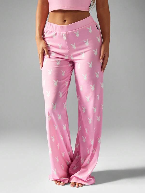 Missguided Missguided X Playboy Pink Cami Top And Wide Leg Pants With Bunny Print