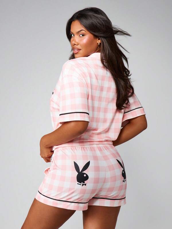 Missguided Missguided X Playboy Pink Checked Pajama Set With Button Front