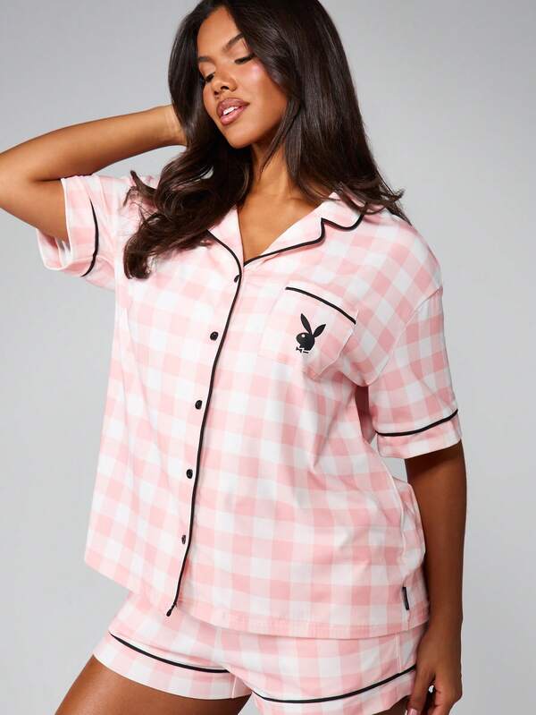 Missguided Missguided X Playboy Pink Checked Pajama Set With Button Front