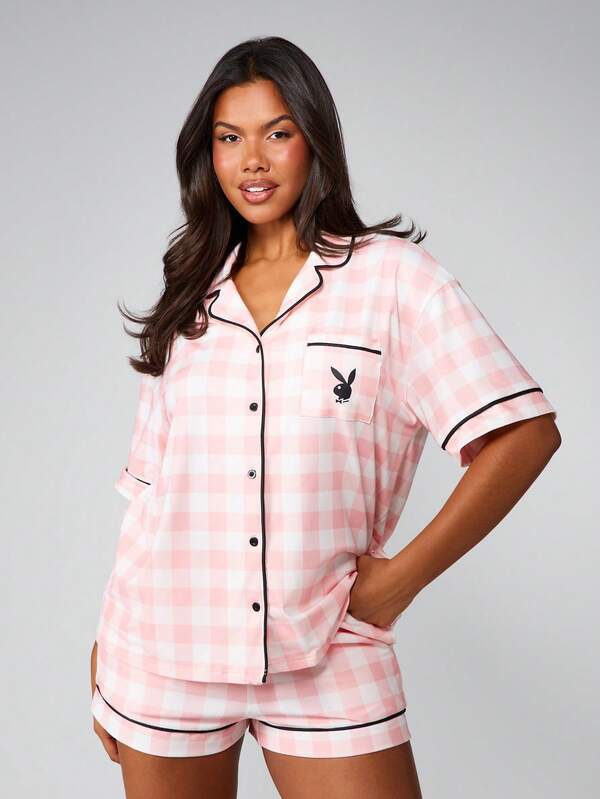 missguided Missguided x Playboy Pink Checked Pajama Set With Button Front