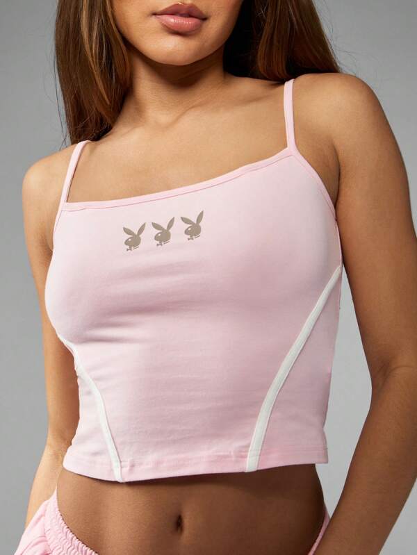 missguided Missguided x Playboy Pink Cropped Cami Tank With Bunny Logo