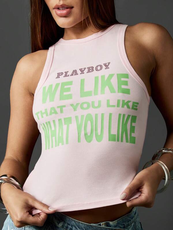missguided Missguided x Playboy Pink Cropped Tank Top With Graphic Text Print