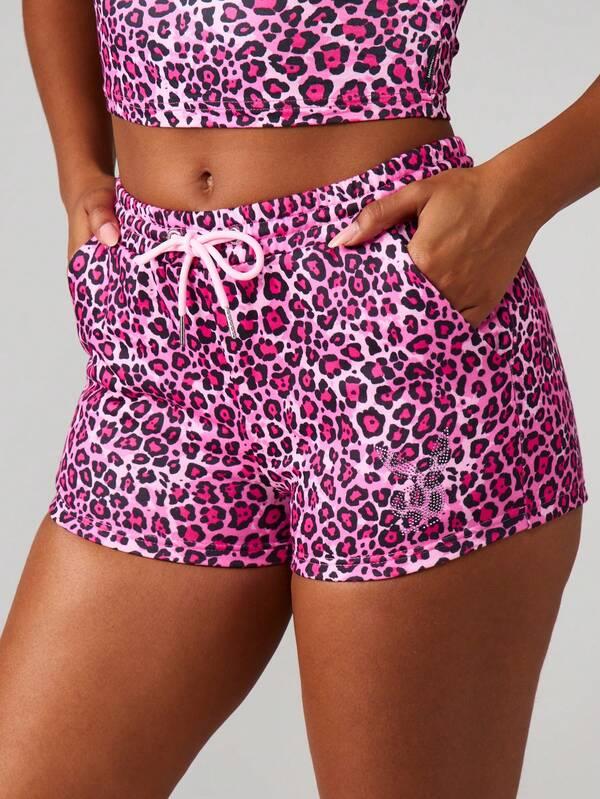 missguided Missguided x Playboy Pink Leopard Print High Waisted Shorts With Drawstring