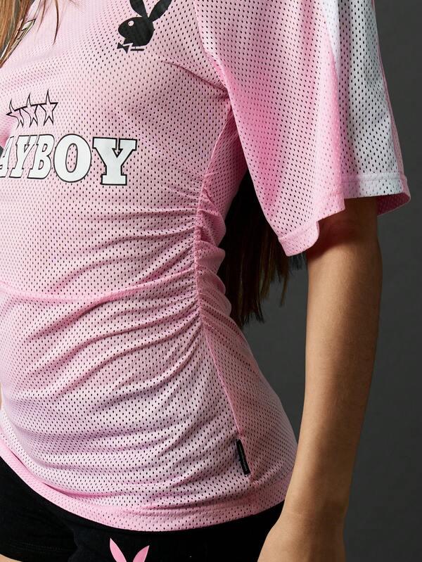 Missguided Missguided X Playboy Pink Mesh V-Neck Jersey With Star Design And Number