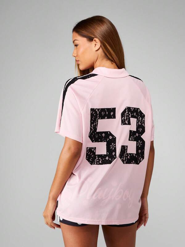 Missguided Missguided X Playboy Pink Oversized Jersey T-Shirt With Lace Numbers