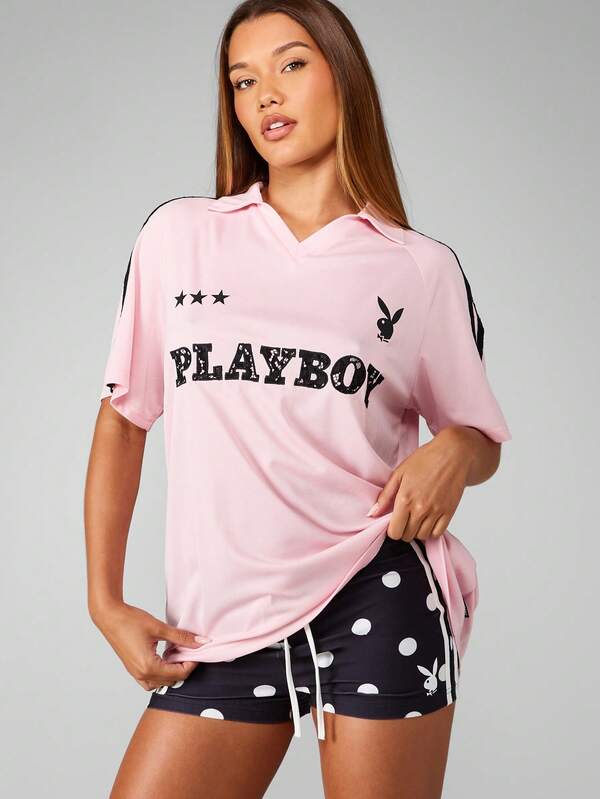Missguided Missguided X Playboy Pink Oversized Jersey T-Shirt With Lace Numbers