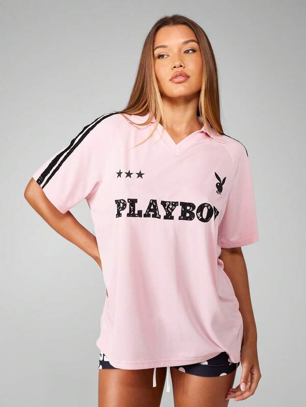 missguided Missguided x Playboy Pink Oversized Jersey T-Shirt With Lace Numbers