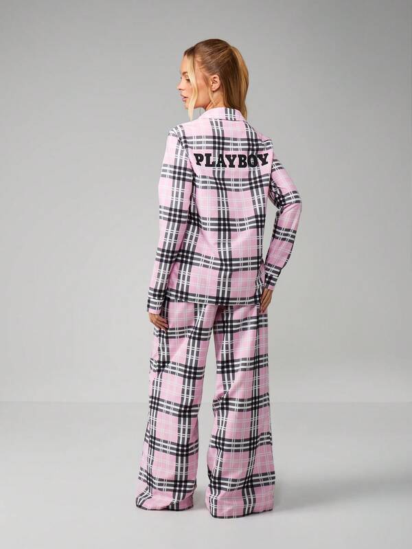 Missguided Missguided X Playboy Pink Plaid Long Sleeve Pajama Set