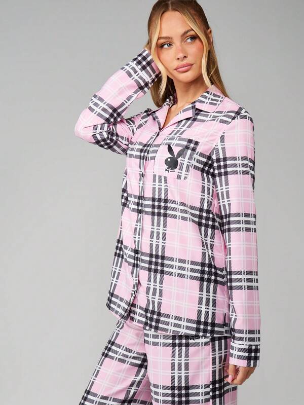 Missguided Missguided X Playboy Pink Plaid Long Sleeve Pajama Set