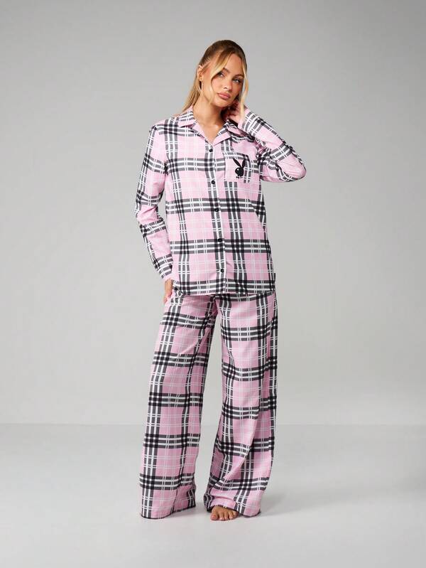 missguided Missguided x Playboy Pink Plaid Long Sleeve Pajama Set