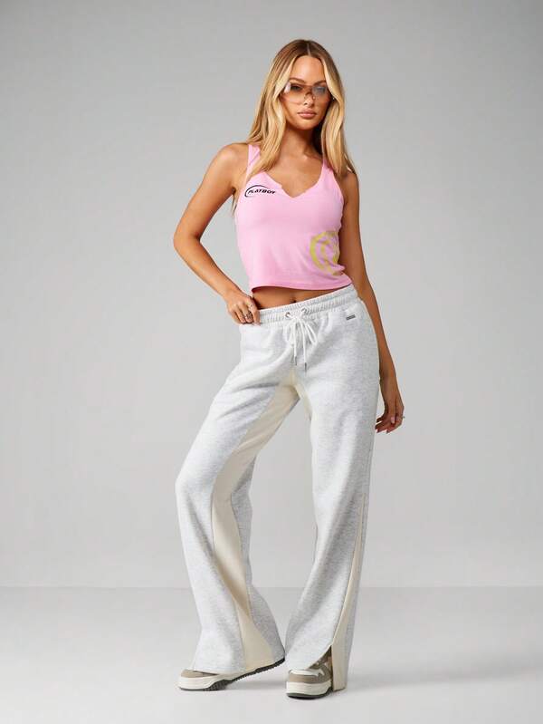 Missguided Missguided X Playboy Pink Ribbed V Neck Crop Tank Top