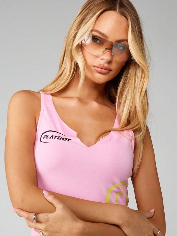 Missguided Missguided X Playboy Pink Ribbed V Neck Crop Tank Top