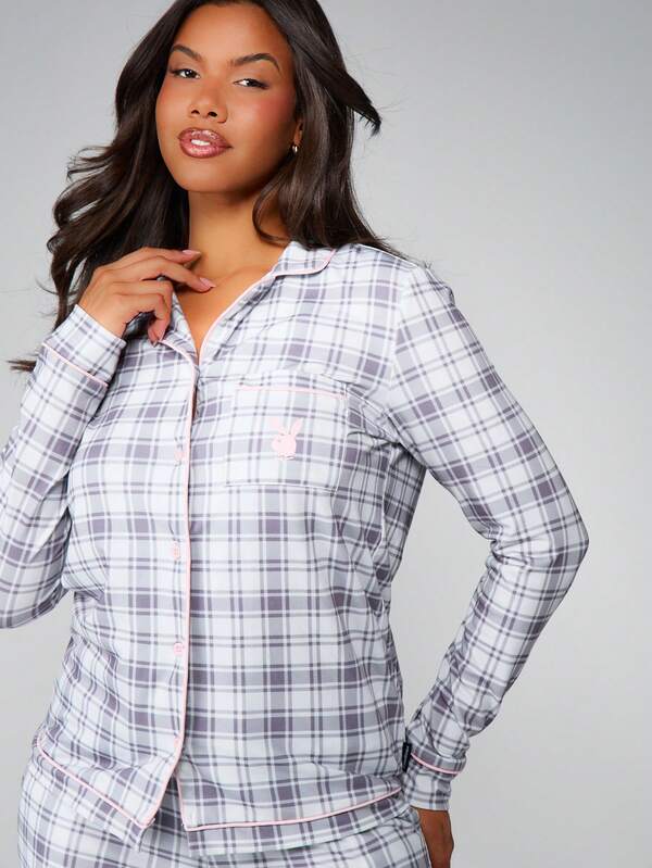 Missguided Missguided X Playboy Plaid Pajama Set With Button Front