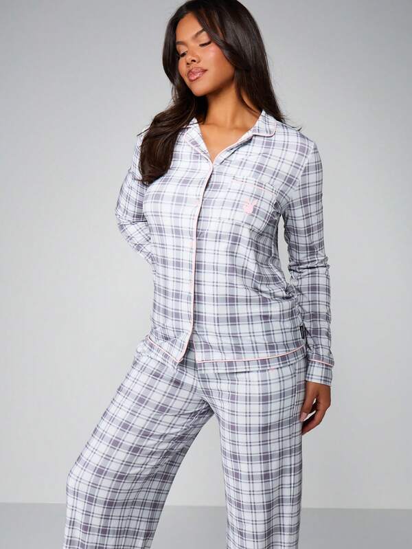 Missguided Missguided X Playboy Plaid Pajama Set With Button Front