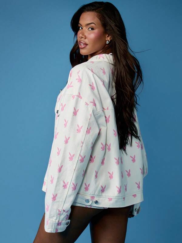 Missguided Missguided X Playboy Playful Bunny Print Trucker Jacket Oversized Button Down