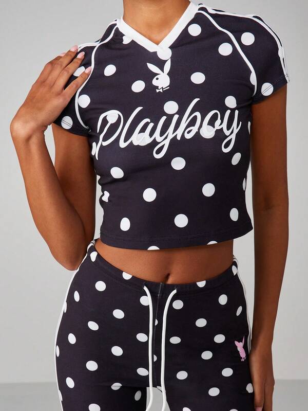 missguided Missguided x Playboy Polka Dot Crop Top With V-Neck