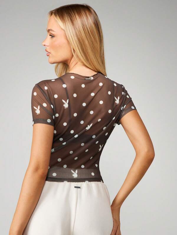 Missguided Missguided X Playboy Polka Dot Mesh Crop Top With Bunny Print