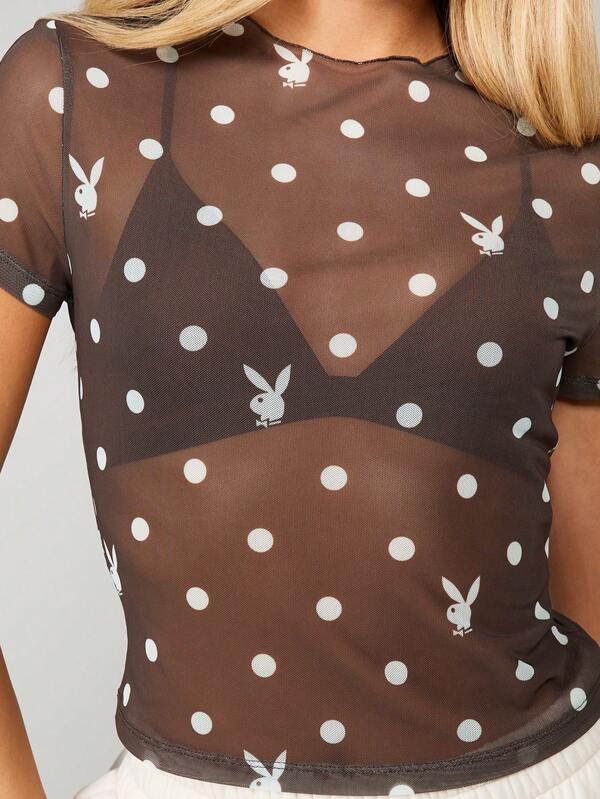 Missguided Missguided X Playboy Polka Dot Mesh Crop Top With Bunny Print