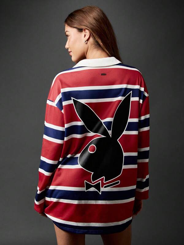 Missguided Missguided X Playboy Preppy Long Sleeve V-Neck Rugby Style Varsity Stripe Mini Dress