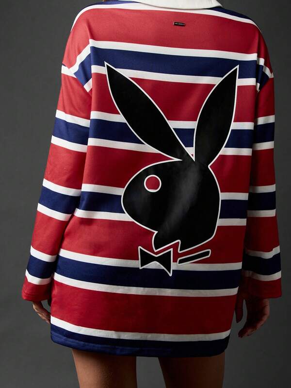 Missguided Missguided X Playboy Preppy Long Sleeve V-Neck Rugby Style Varsity Stripe Mini Dress