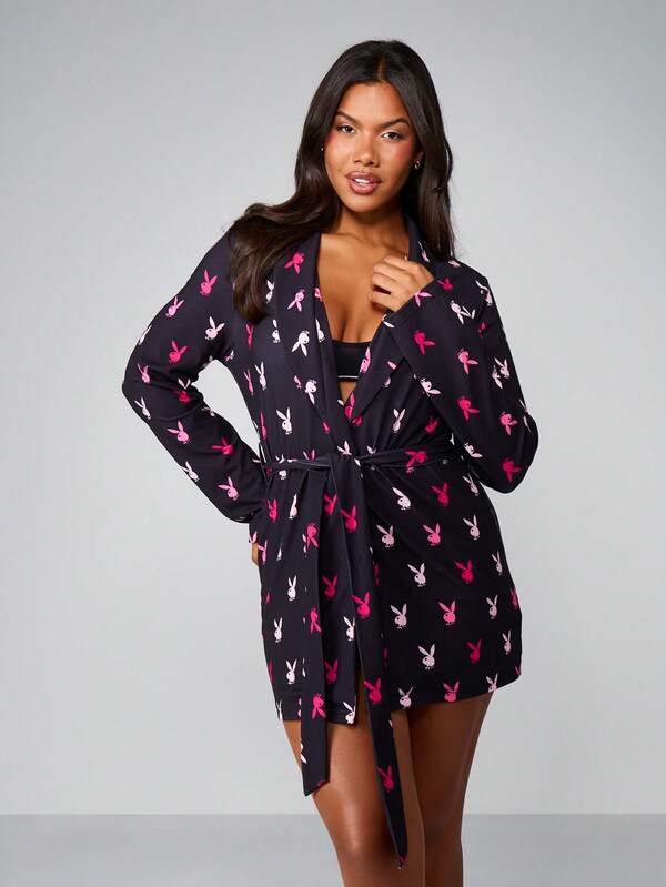 missguided Missguided x Playboy Print Dressing Gown With Belt