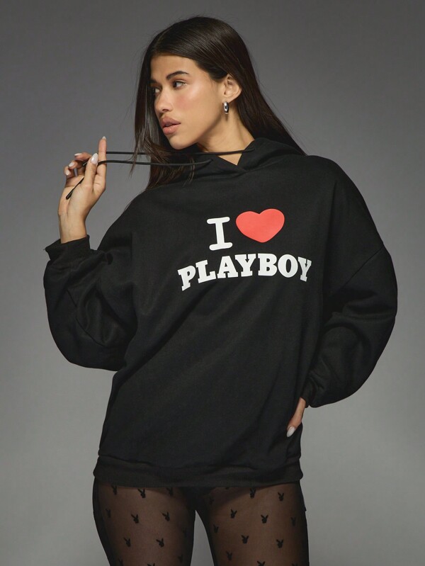 missguided Missguided x Playboy Print Oversized Long Sleeve Drawstring Hoodie