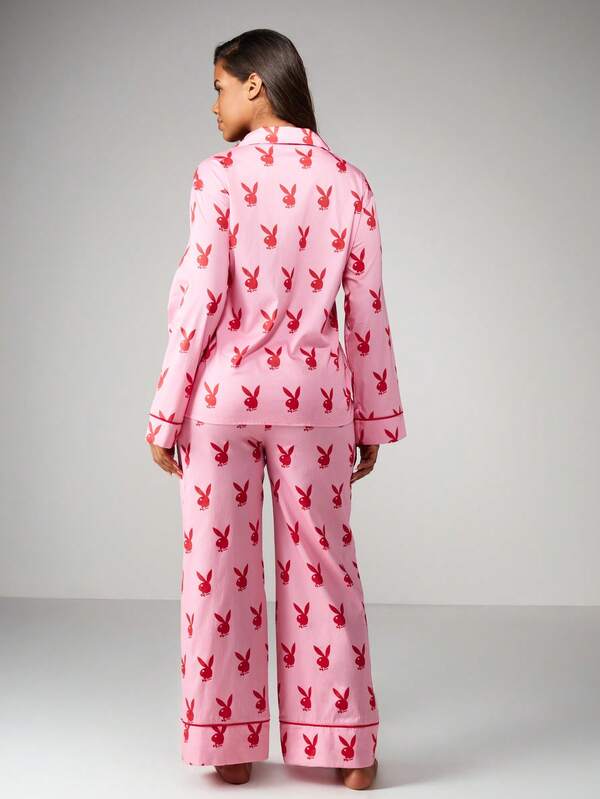 Missguided Missguided X Playboy Print Pajama Set With Button Up Top